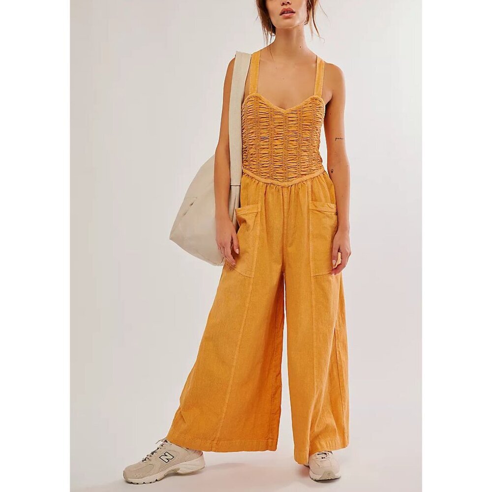 Free People Mustard Smocked Wide-Leg Jumpsuit